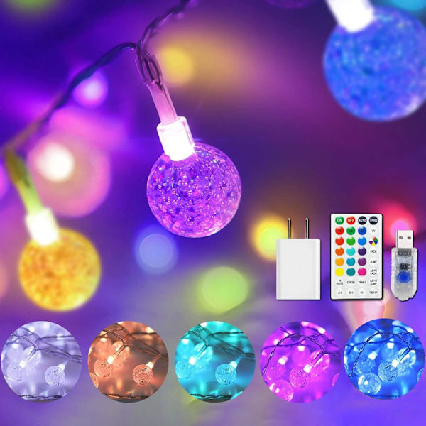 Farveskiftende Globe String Lights USB-stik, 50 LED Crystal Bubb