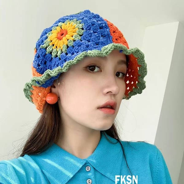 Japansk hatt kvinnlig ihålig blomma stickad fiskare hatt hand cro
