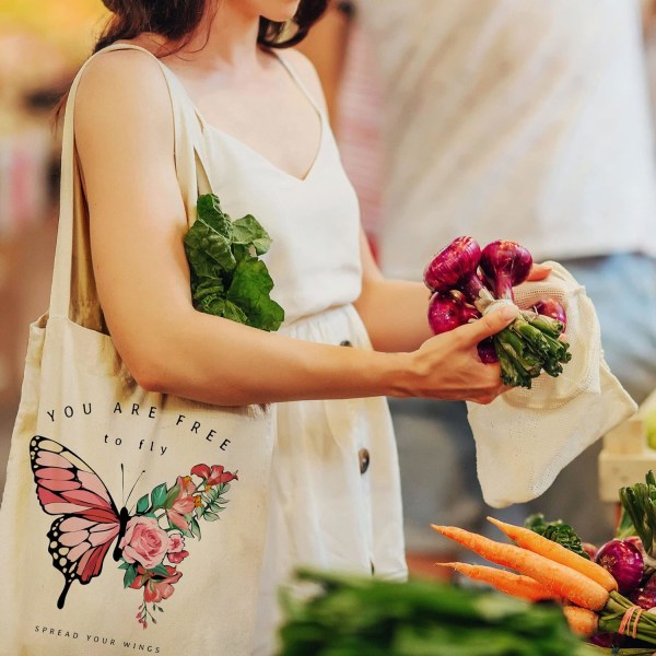 Söt Canvas Tote Bag med 2 innerfickor Fjäril Estetik