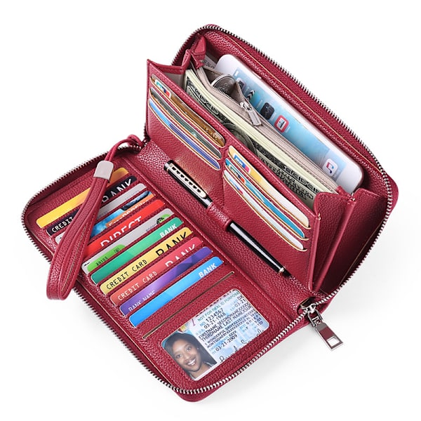 Damepung RFID Blokerende Læder Zip Around Pung Stor Kapacitet Lang Pung Kreditkort Clutch Wristlet - Bourgogne