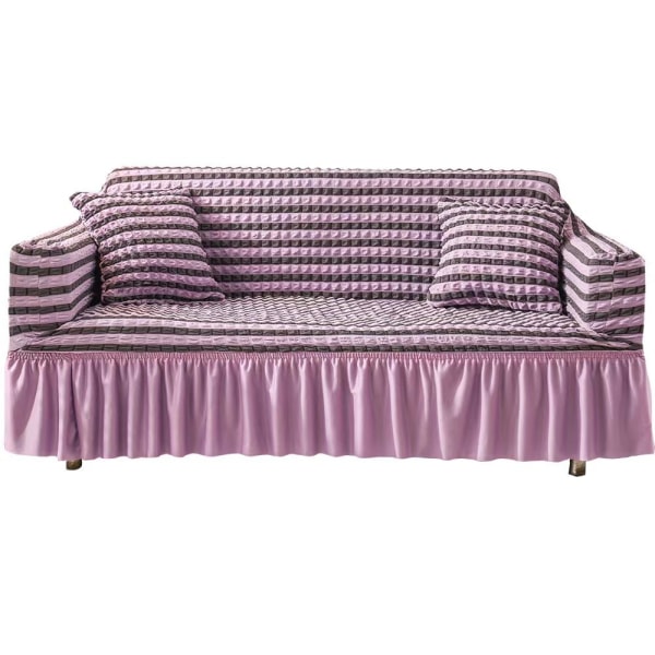 Lett og tilpasset sofaovertrekk, universell, høy strekk, slitesterk møbelbeskytter med skjørt (tofarget lilla), 2-4 seter 140-185cm