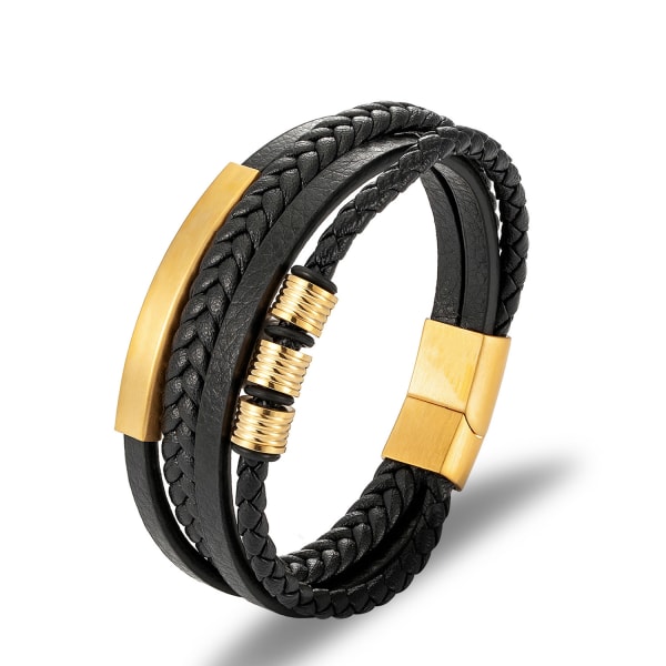 Läder Cord Armband Rostfritt stål flätat armband Gold