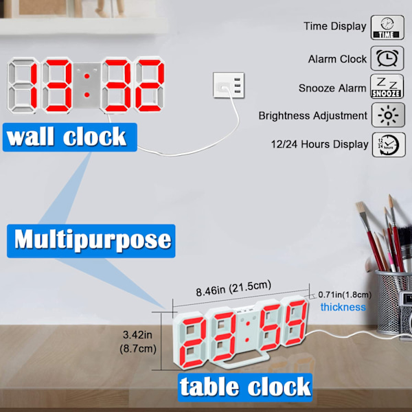 Justerbar ljusstyrka 3D LED digital väckarklocka väggklocka Red light