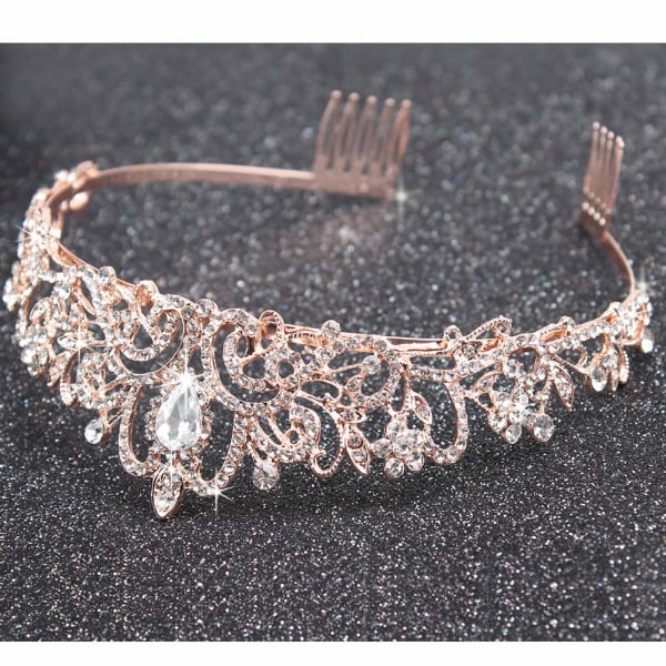 Rose Gold Crystal Tiara Krone Hovedbånd Prinsesse Elegant Krone wi