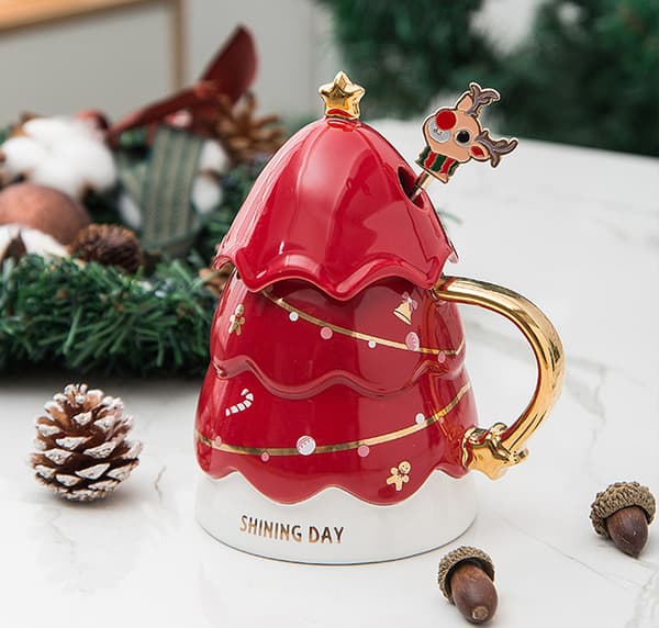 Keramisk kaffemugg med lock, julgran tekopp med stål S