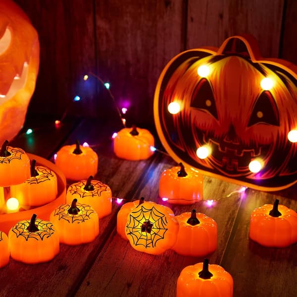 Græskar Tealight Lys, 12 Pak Flimrende LED Græskar Tealight