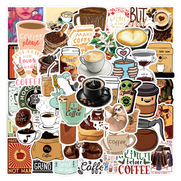 50 stycken kaffeklistermärken, förpackning med vinylkaffevattenflaska