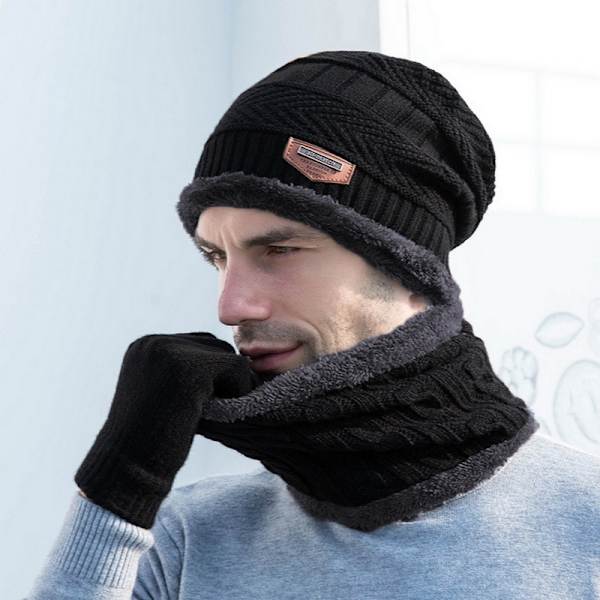 Vintermössa för män och kvinnor, varm stickad halsduk set tjock fleece Li