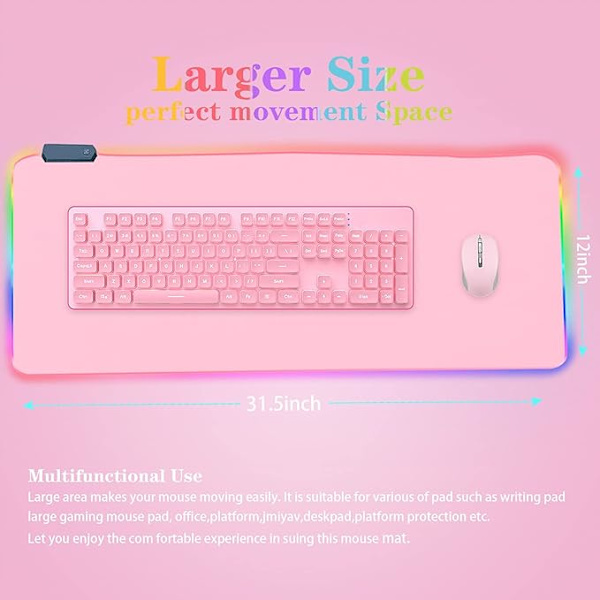 Pink RGB Gaming Musemåtte 31.5x12 PC XL Stor Lysende Skrivebordsunderlag