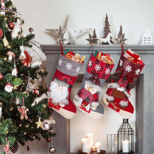 Julstrumpor, tomte, snögubbe, ren 3D plysch Chr