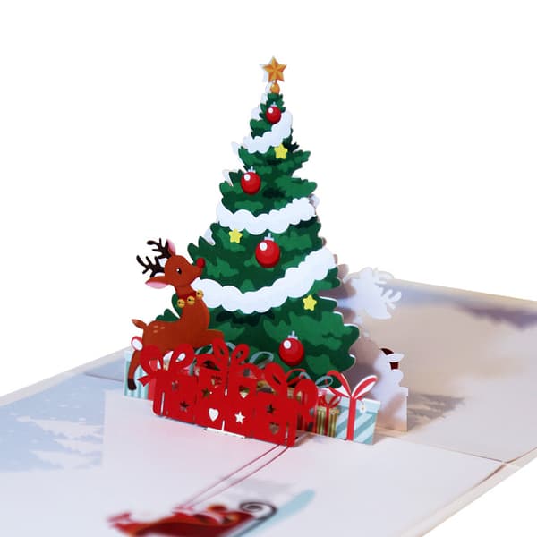 5 stk. Farveprint Julehilsen Kort 3D Juletræ De