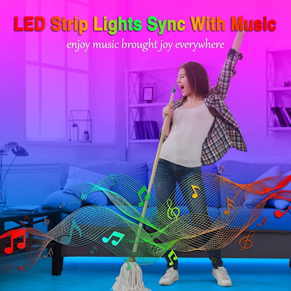 LED-Stripslys Bluetooth Smart App Musik Synkroniserende Farveskiftende RGB LED-Stripslys med Fjernbetjening og Strømadapter 20M