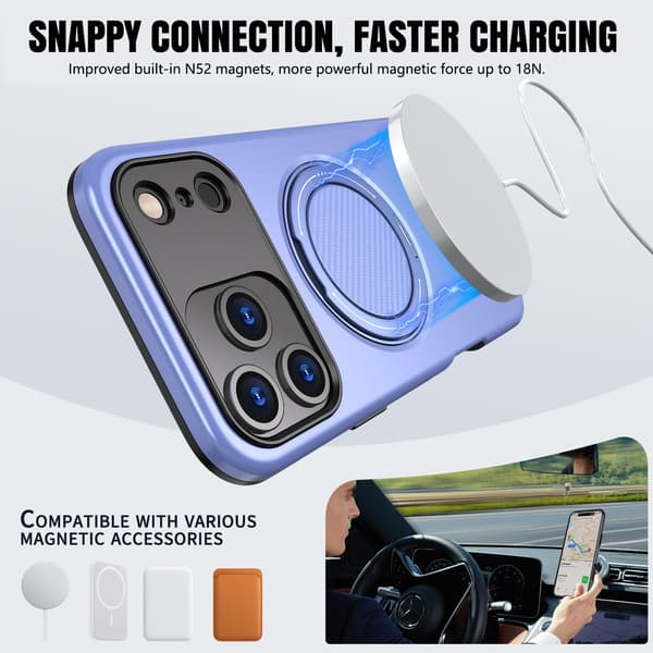 Lämplig för iPhone 16 PRO MAX magnetiskt telefonfodral, stötsäkert telefonfodral, med 360° roterande metallringstativ (stöder MagSafe) Purple