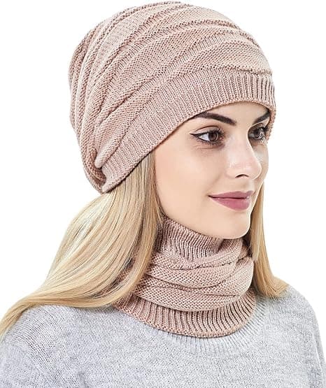 Slouchy Beanie Hat og skjerf for kvinner med varm strikket vinter ski