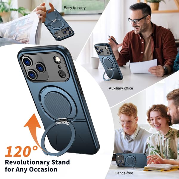 Lämplig för iPhone 16 PRO MAX magnetiskt telefonfodral, stötsäkert telefonfodral, med 360° roterande metallringstativ (stöder MagSafe) Blue