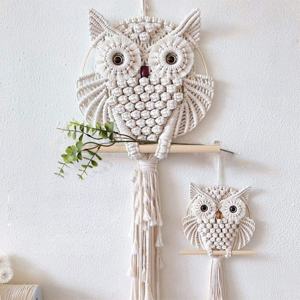 2 stk. Ugle Macrame Vægophæng Gobelin Kunst Dekoration Håndlavet Vævet