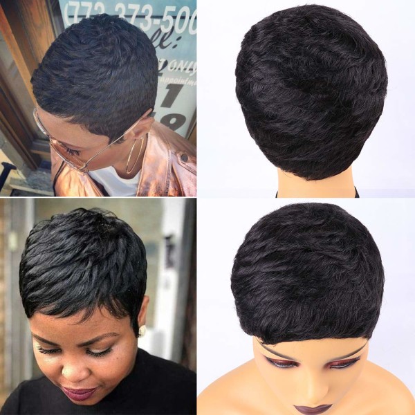 Lyhyt ihmishiusten pixie-peruukki Pixie Cut Short Wavy Black Hair Wigs