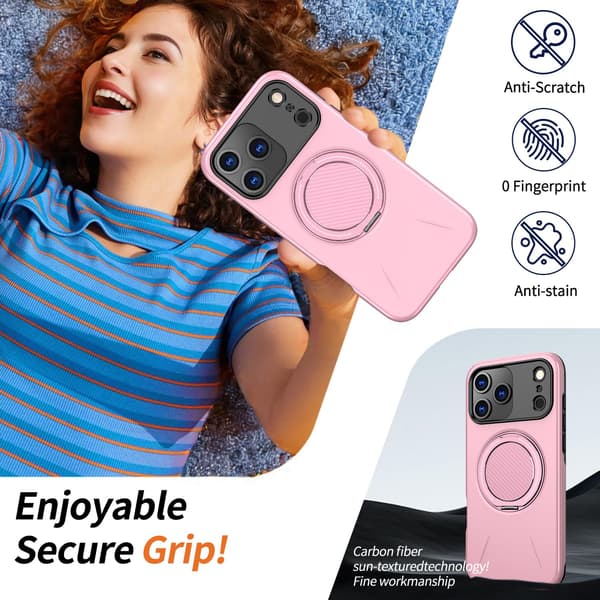 Lämplig för iPhone 17 Pro Max magnetiskt telefonfodral, stötsäkert telefonfodral, med 360° roterande metallringstativ (stöder MagSafe) Pink