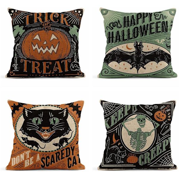 4 kpl pellavapäällisiä 18x18 tuumaa Retro Halloween Scary Cat