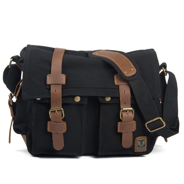 Vintage Læder Canvas Laptop Taske Messenger Tasker Medium, Canvas Kamera Taske Vintage DSLR SLR Messenger Skuldertaske - Sort