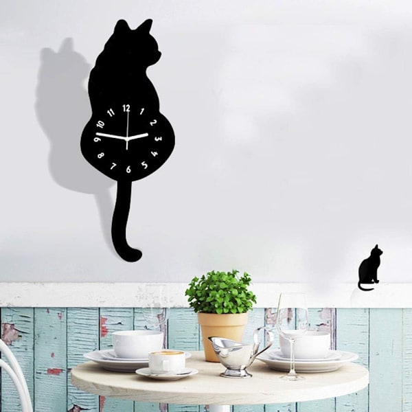 DIY Akryl Väggklocka Modern Söta Katt Klocka Skakande Svans Hem D