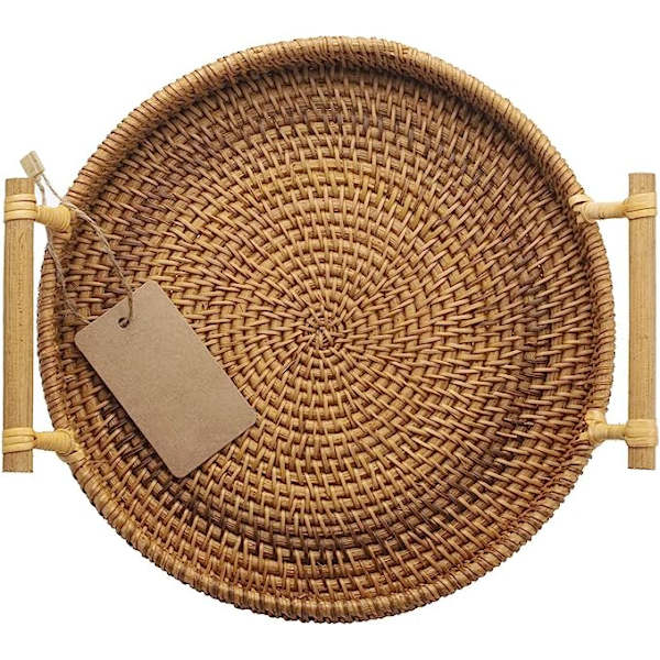 Rund flettet serveringsbakke med håndtag, rattan - 24 cm i diameter