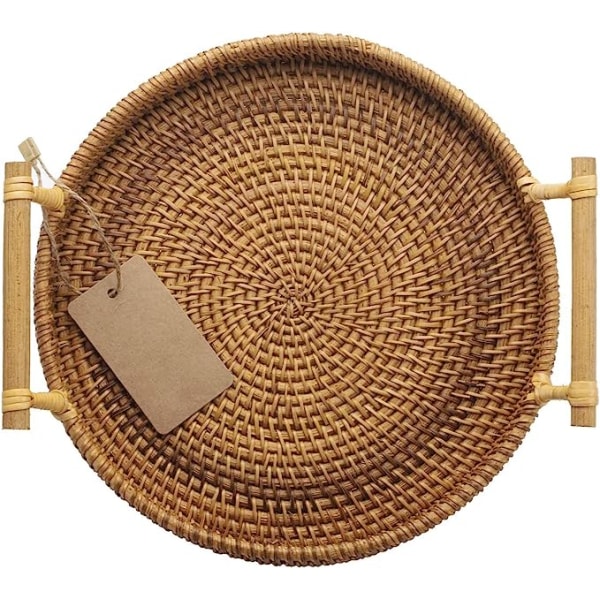 Rund serveringsbricka i rotting med handtag, rotting - 24 cm diameter