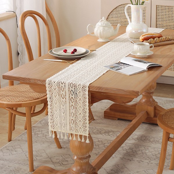Boho-tyylinen virkattu pöytäliina, vintage-boho-maalaistyylinen makrame-pöytäliina keittiön kahvipöydälle, ruokapöydälle, lipaston päälle, kodin sisustukseen 24*240cm
