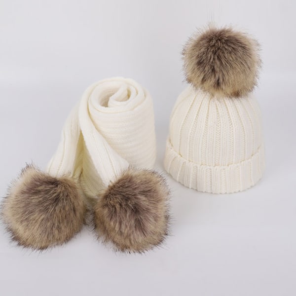Barns Fleece Warm Stickad Hat Scarf Set - Vit