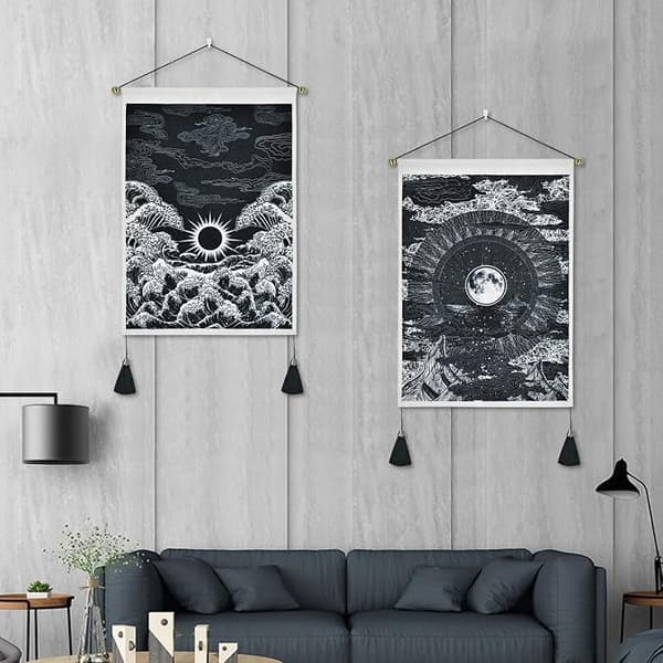 Set med 2 måne- och stjärntapeter Ocean Wave-tapeter svart och