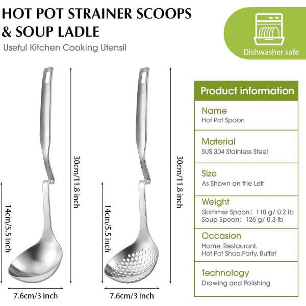 2 ruostumattomasta teräksestä valmistettua kuumakattilan siiviläkauhaa kuumakattilan keittolusikka