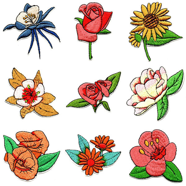 Sæt med 9 blomster, smukke broderede patches til at stryge på og sy
