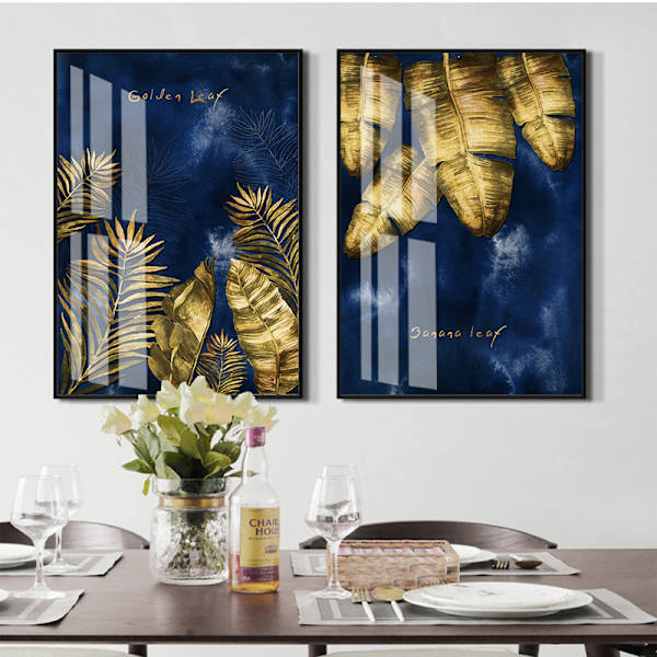 3 stykker billede sæt nordisk luksus navy blå guld abstrakt blad
