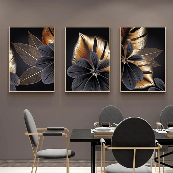 3-delade set, växtblad svart guld abstrakt konst