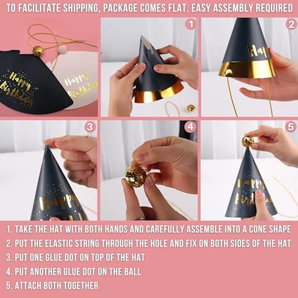 Födelsedagsfest hattar - Set med 12 guld Happy Birthday Cone Party H