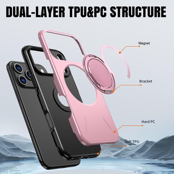 Lämplig för iPhone 16 PRO MAX magnetiskt telefonfodral, stötsäkert telefonfodral, med 360° roterande metallringstativ (stöder MagSafe) Pink