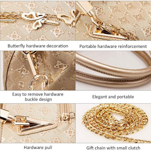 4 stk. Kvinders Mode Læder Håndtasker Tote Bag Skuldertaske Top Håndtag Satchel Pung med Vedhæng Sæt - Guld