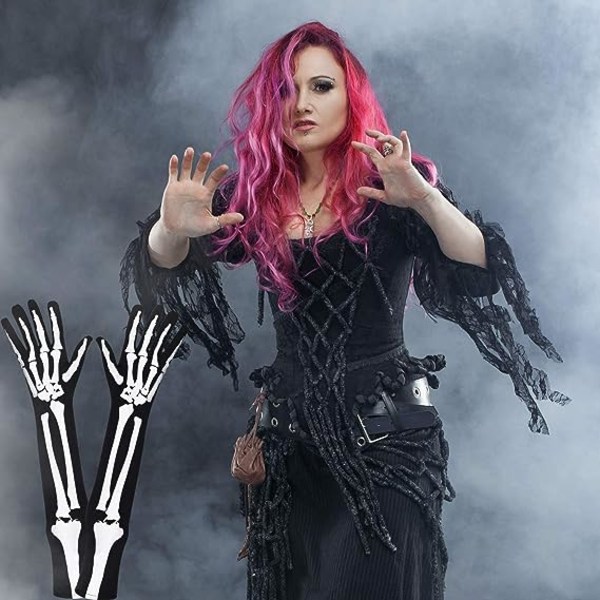 2 par skeletthandskar Dödskallehandskar Lång arm Hel fingerhandskar