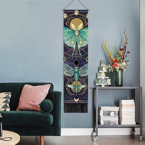 Boho-väggbonad i lång tyg, vertikal väggbonad med måne och sol