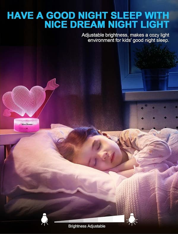 Hjerteformet nattlys for barn, 3D illusjonslampe, LED-lys,