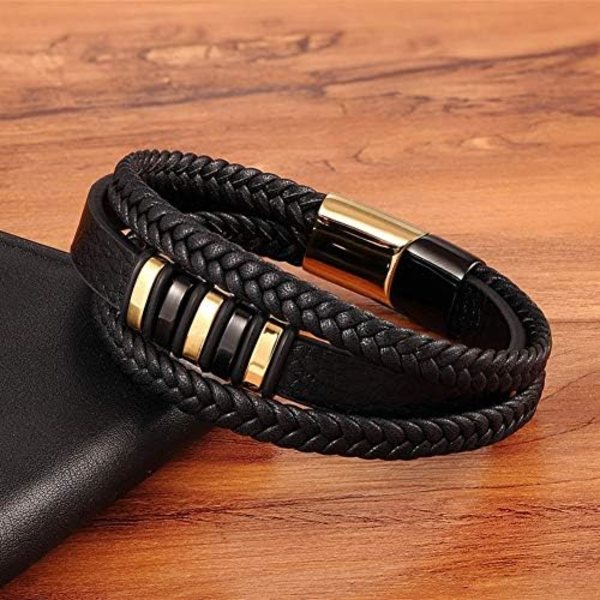 Flerskiktat läderarmband för män i rostfritt stål med magnetiskt spänne C