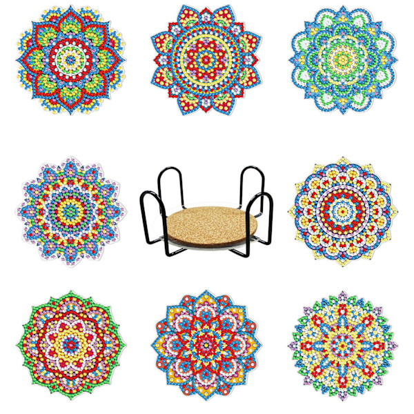 Set med 8 handgjorda 5D diamantmålade underlägg (gratis järnunderlägg