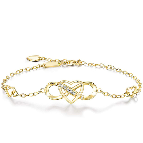 Dam Armband 925 Sterling Silver Infinity Hjärta Gult Guld Pl