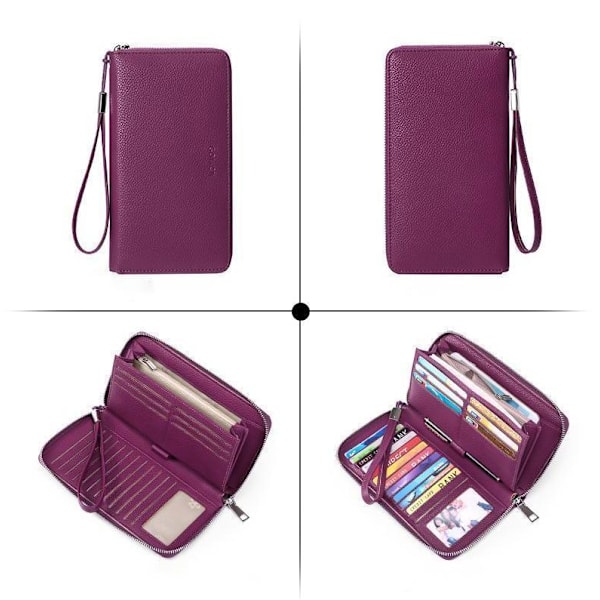 Damepung RFID Blokerende Læder Lynlås Pung Stor Kapacitet Lang Pung Kreditkort Clutch Wristlet - Lilla