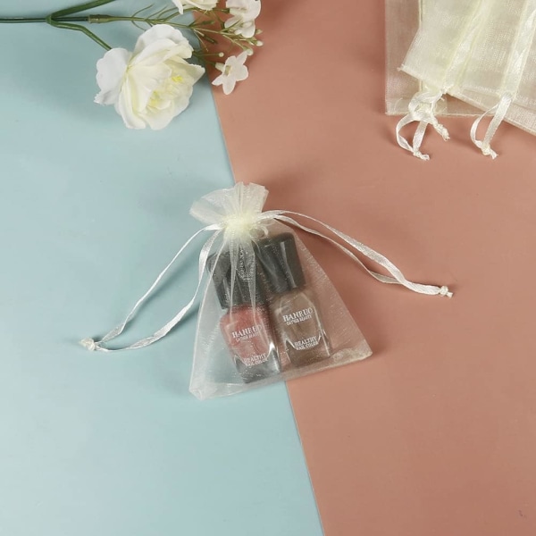 100 stk. beige smykkepose med snøre i organza stof mini slikpose