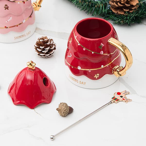 Keramisk kaffemugg med lock, julgran tekopp med stål S
