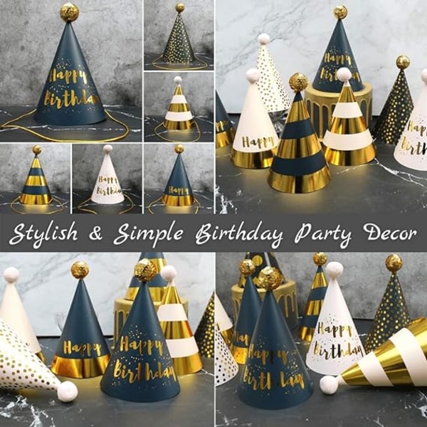 Fødselsdagsfest Hatter - Sett med 12 Gull Happy Birthday Cone Party H