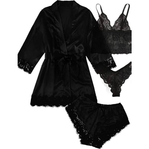 Dam 4-pack blommig spets kamouflage satin pyjamas underkläder set L