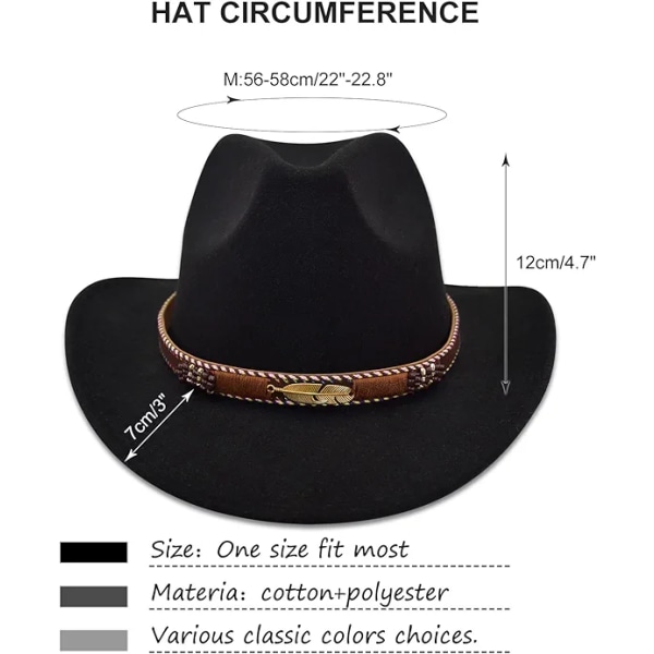 Western Cowboyhatt Bred brättad utomhus Fedora-hatt, svart