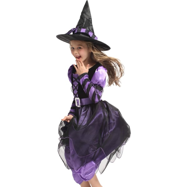 Häxdräkt för tjejer - Halloweendräkt med hatt och bälte XL(130-140)
